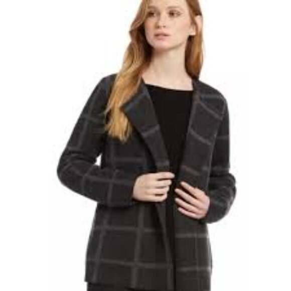 Eileen Fisher Caridgan Open Front Merino Wool Windowpane Plaid Grey Black XS - Picture 1 of 7